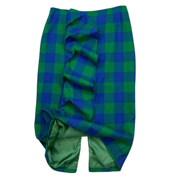 TOV Ruffle Plaid Skirts 40 US/M Blue Green Pencil Straight Midi Heritage Fall - Picture 7 of 14